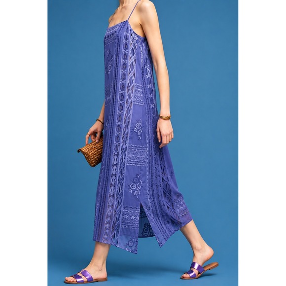 Anthropologie Dresses & Skirts - Anthropologie Floreat Embroidered Luna Slip Midi Dress Cornflower Blue Large